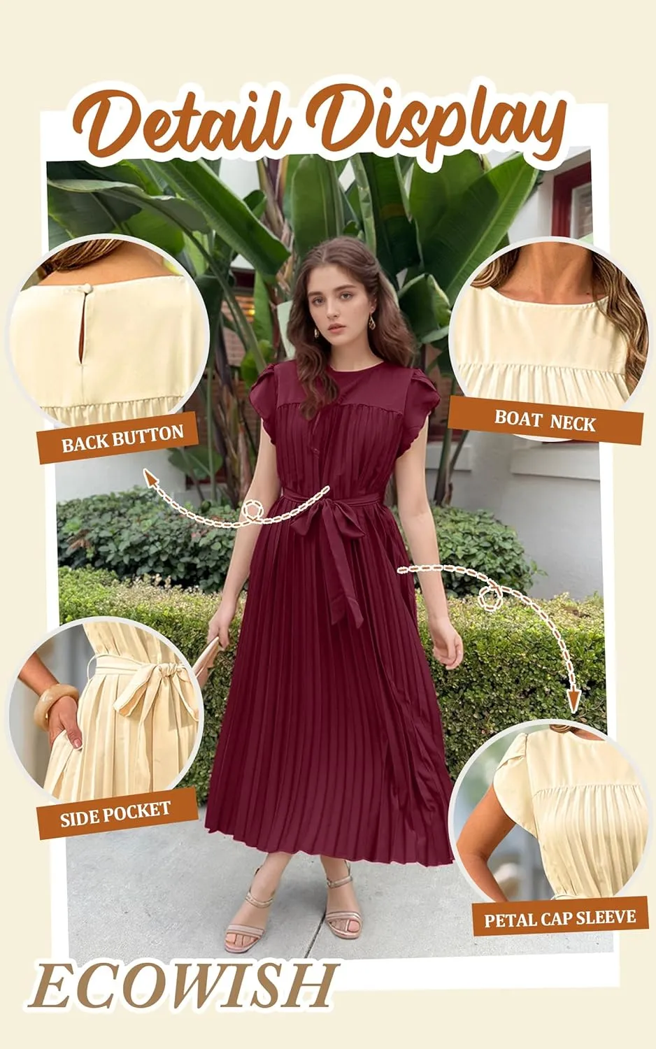 ECOWISH Women Summer Maxi Pleated Dress Casual Cap Sleeve Flowy Swing Loose Fit Midi Dresses Pocket Crew Neck Back Button