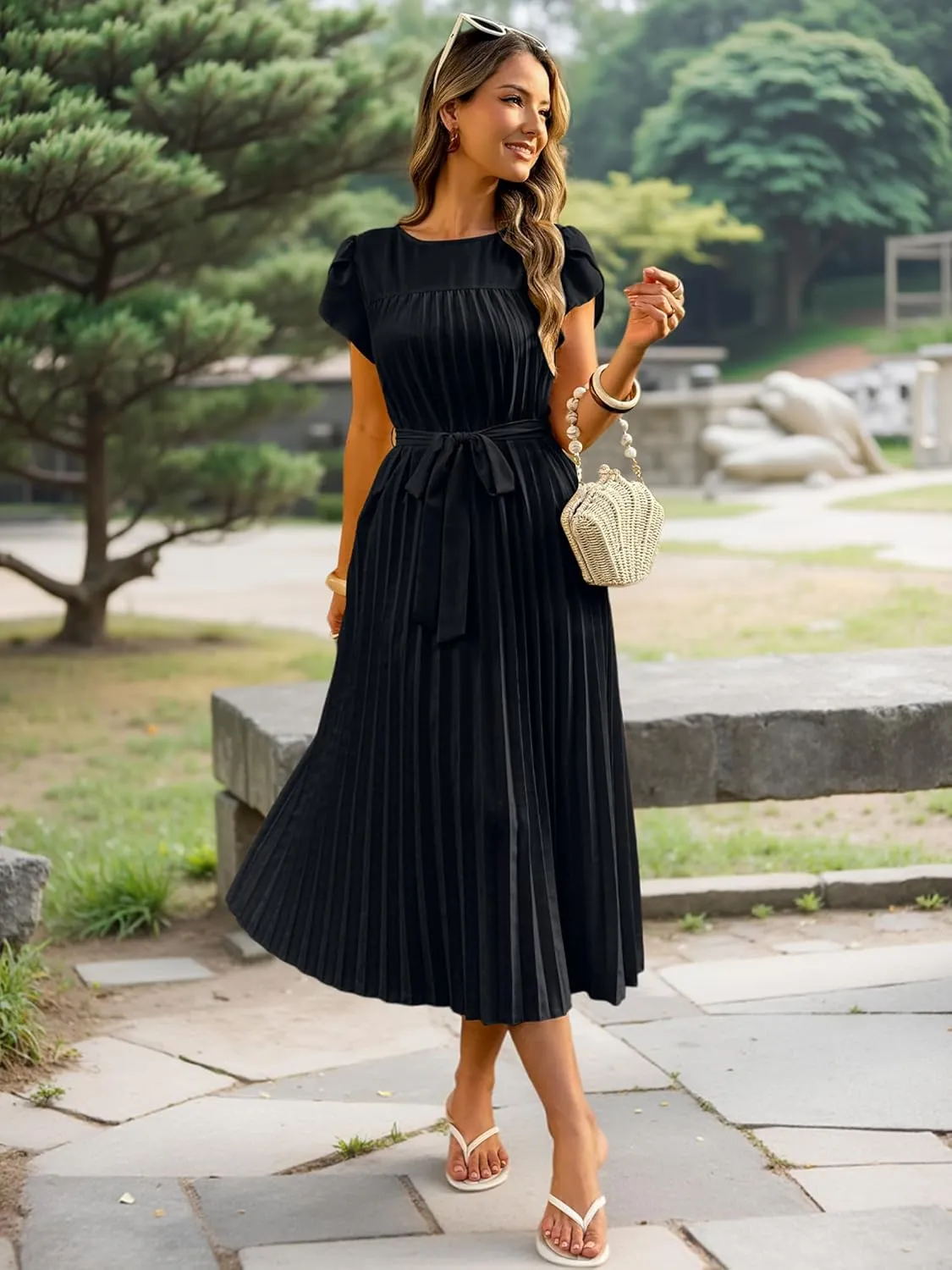 ECOWISH Women Summer Maxi Pleated Dress Casual Cap Sleeve Flowy Swing Loose Fit Midi Dresses Pocket Crew Neck Back Button