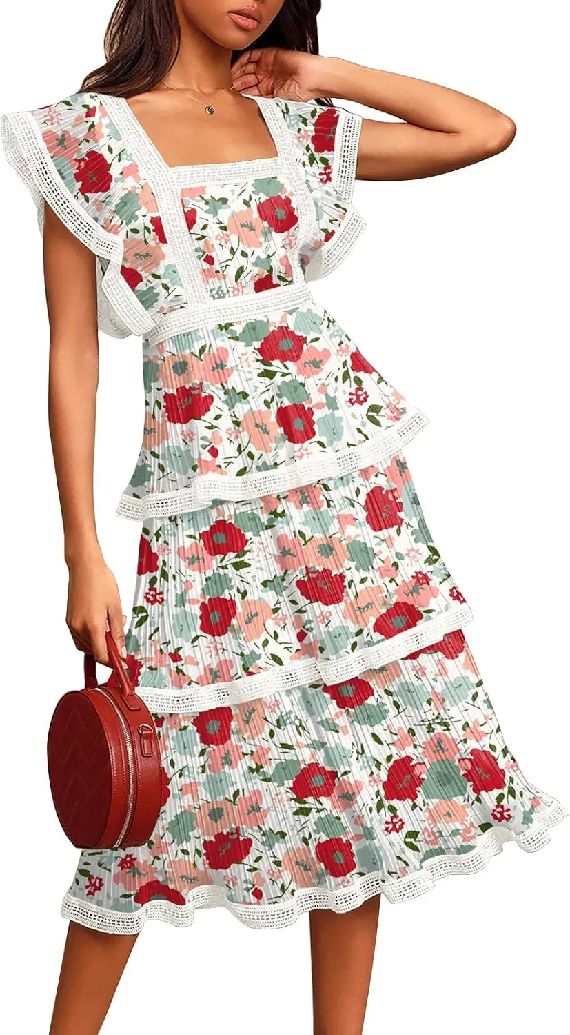 ETCYY Women's Summer Ruffle Dress Tiered Layed Chiffon Lace Short Sleeve Boho Floral Print Party Wedding Guest Maxi Dresses