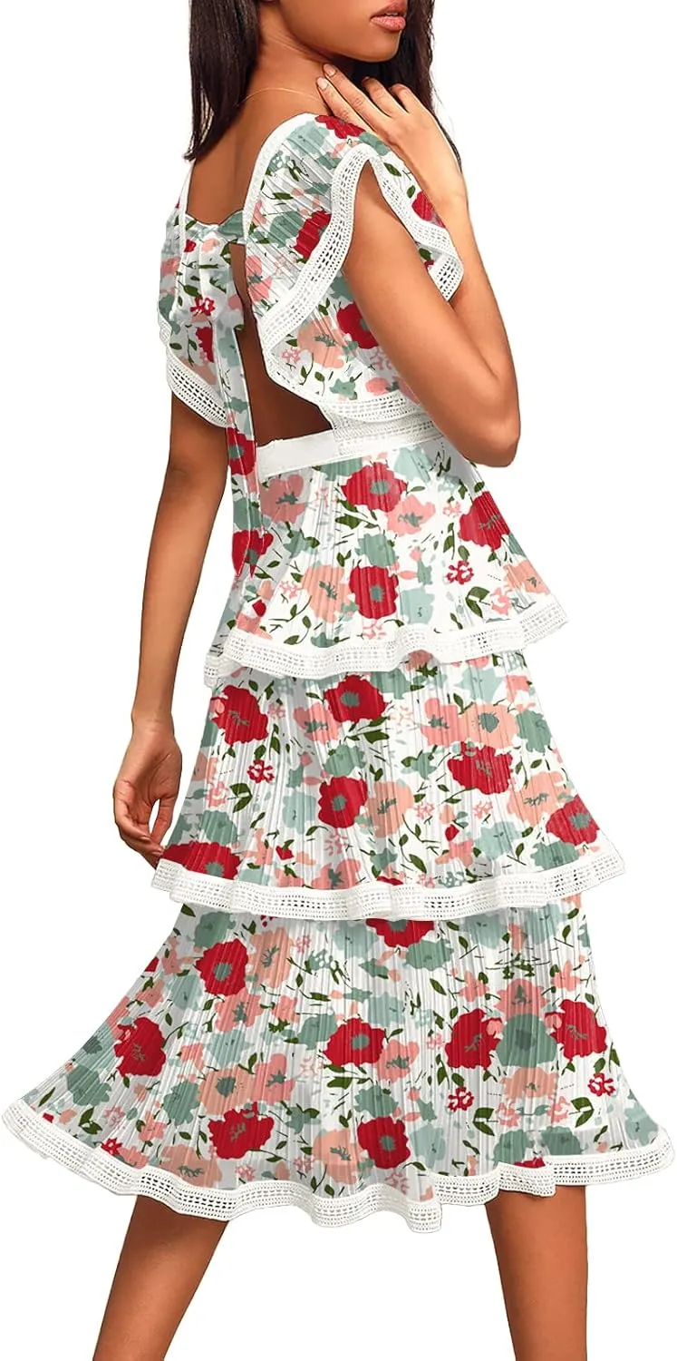 ETCYY Women's Summer Ruffle Dress Tiered Layed Chiffon Lace Short Sleeve Boho Floral Print Party Wedding Guest Maxi Dresses