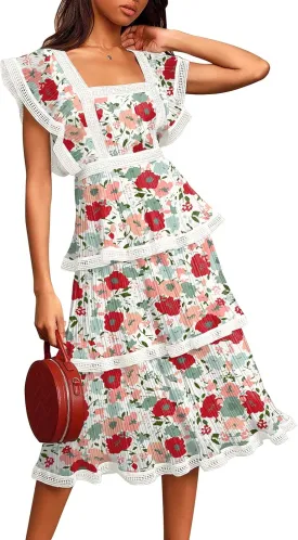 ETCYY Women's Summer Ruffle Dress Tiered Layed Chiffon Lace Short Sleeve Boho Floral Print Party Wedding Guest Maxi Dresses