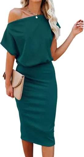 Ezbelle Women's 2025 Summer Dress Off The Shoulder Short Sleeve Ribbed Casual Party Bodycon Midi Dresses