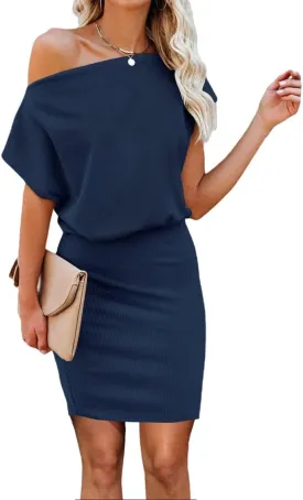 Ezbelle Women's Off The Shoulder Short Sleeve Ribbed Casual Summer HIPS-Wrapped Bodycon Party Mini Batwing Dress
