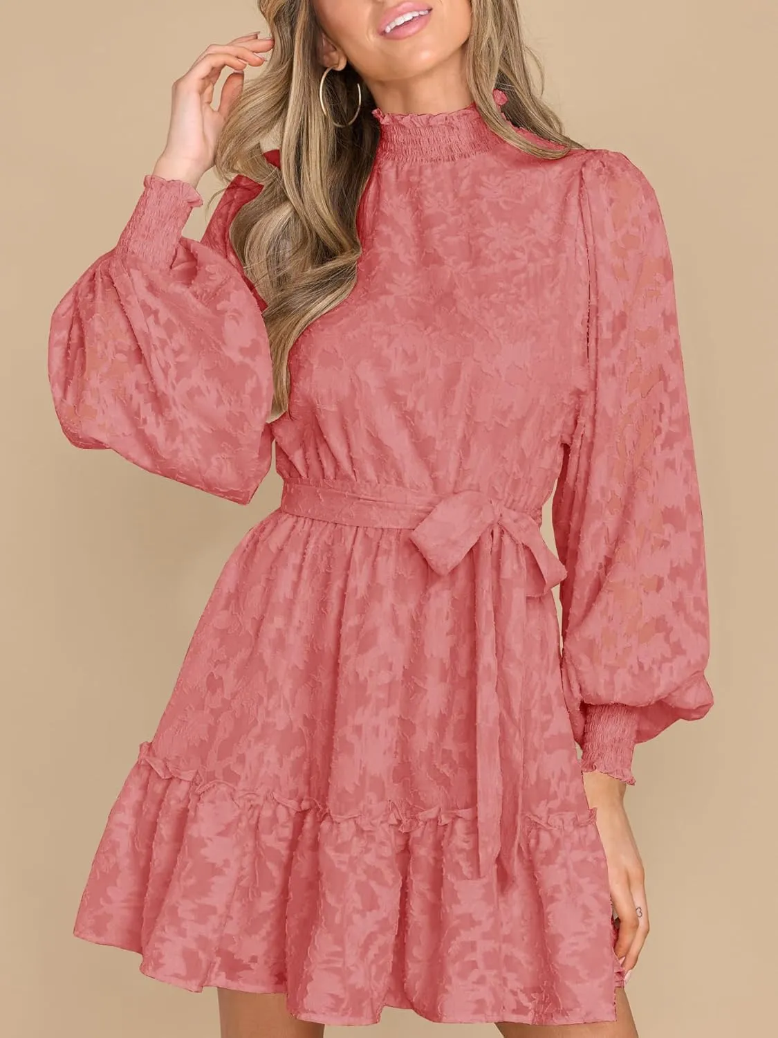 Ferlema Womens 2024 Long Puff Sleeve Smocked High Neck Tie Waist Floral Lace A Line Flowy Party Mini Dress