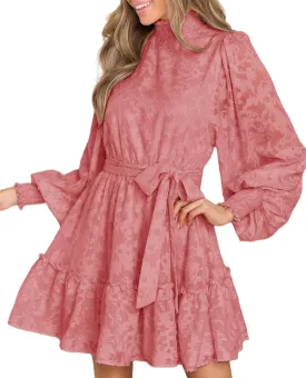 Ferlema Womens 2024 Long Puff Sleeve Smocked High Neck Tie Waist Floral Lace A Line Flowy Party Mini Dress