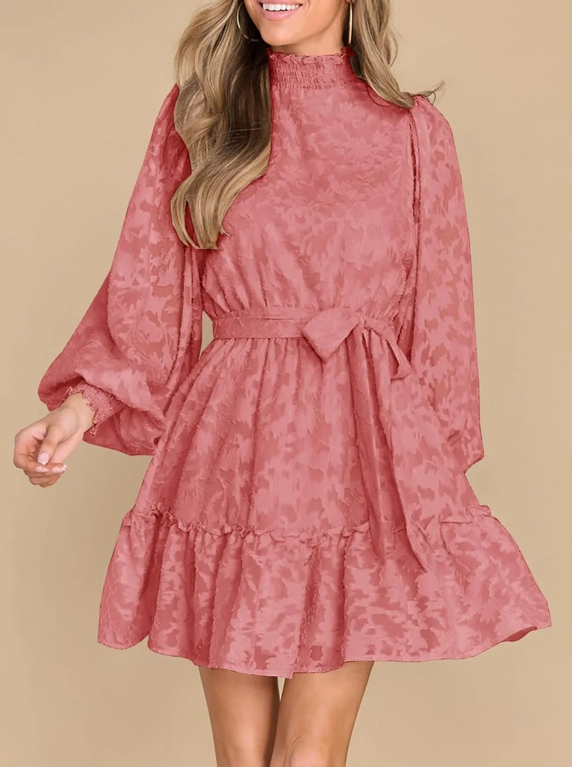 Ferlema Womens 2024 Long Puff Sleeve Smocked High Neck Tie Waist Floral Lace A Line Flowy Party Mini Dress