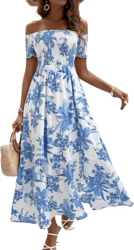 Floerns Women's Boho Ditsy Floral Print Off Shoulder Short Sleeve Split Maxi A Line Dress