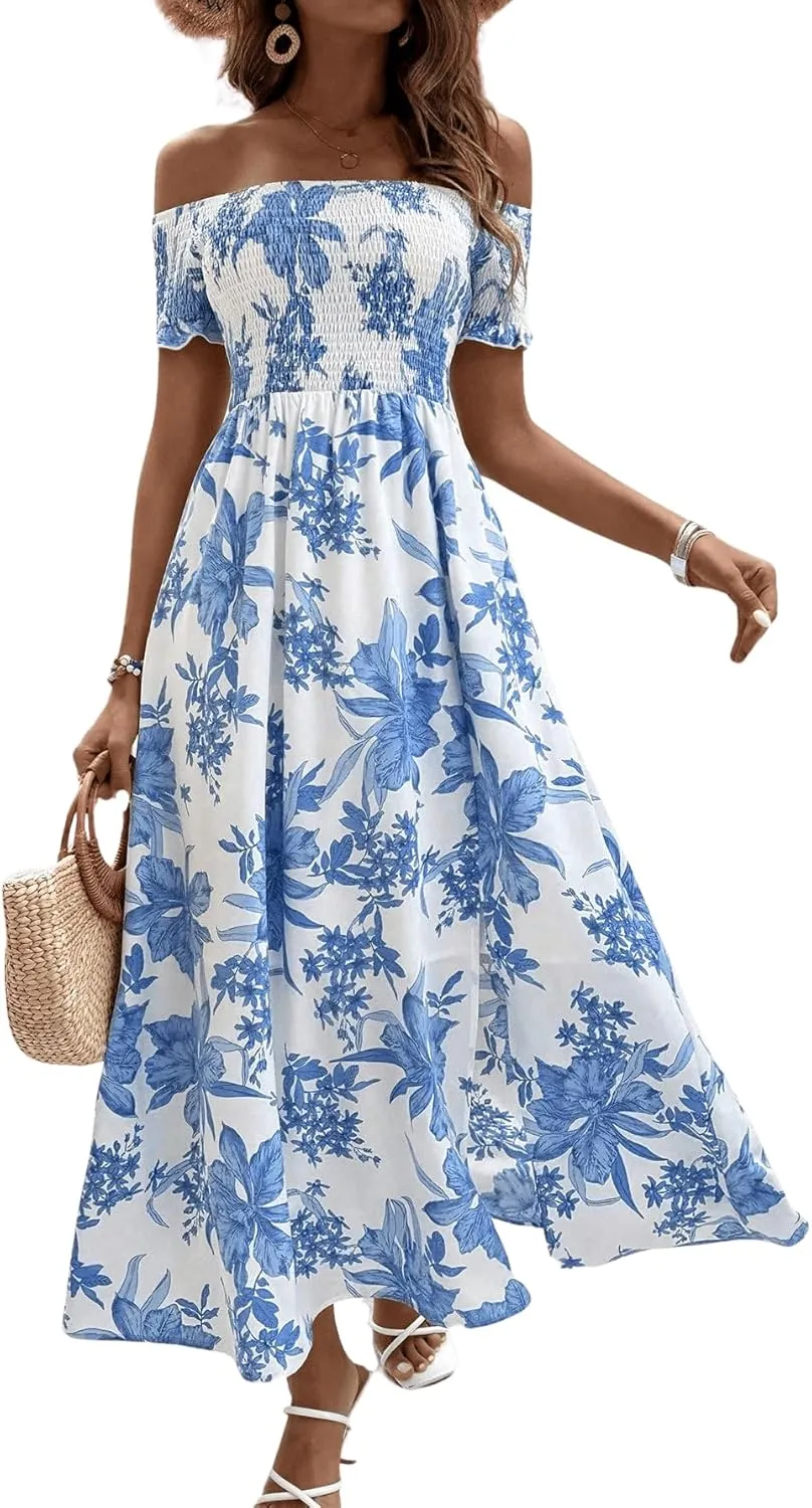 Floerns Women's Boho Ditsy Floral Print Off Shoulder Short Sleeve Split Maxi A Line Dress