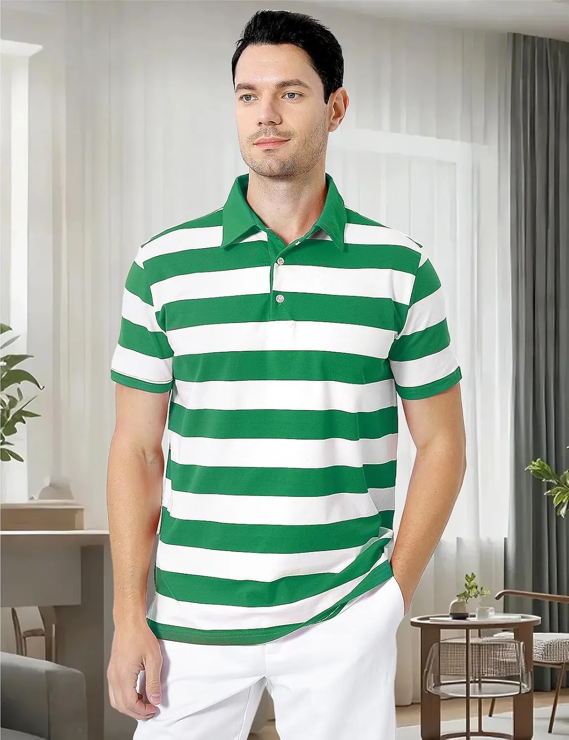Funny World Men's Striped Polo Cotton Regular Fit Casual Short Sleeve Golf Shirt