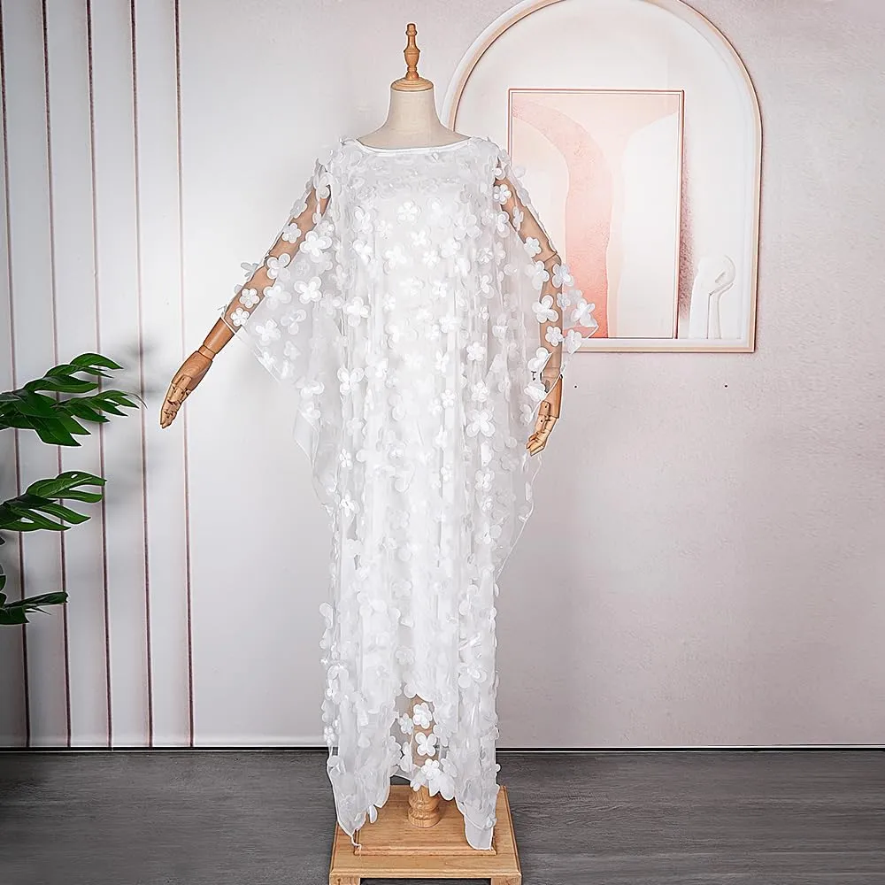 HD Afircan Women Applique Flower Dress Boat Neck Caftan Chiffon Gown One Size