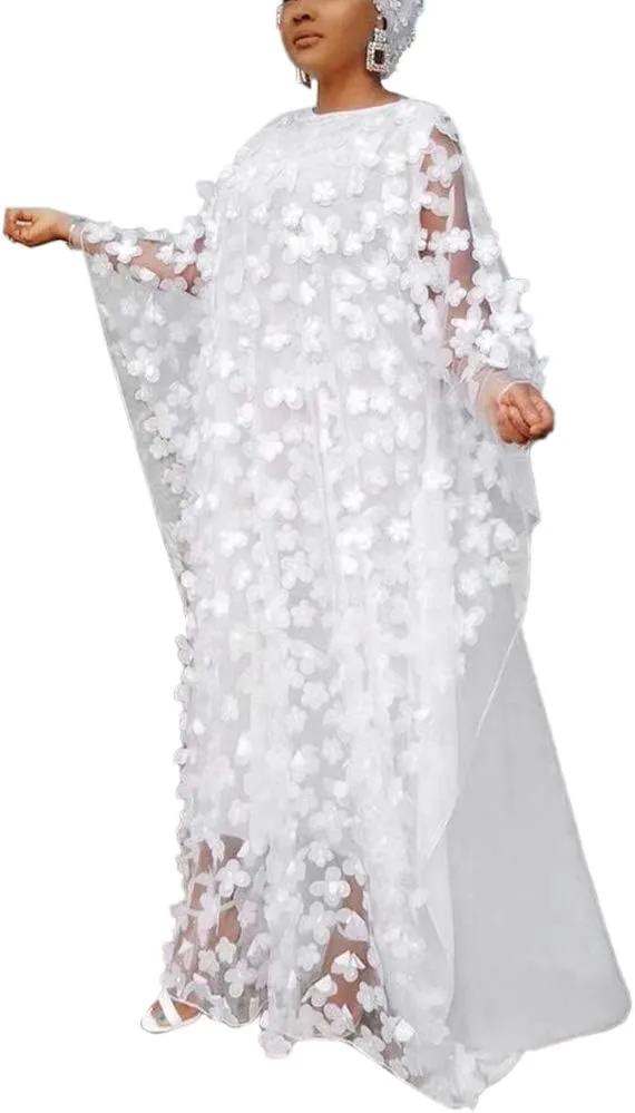 HD Afircan Women Applique Flower Dress Boat Neck Caftan Chiffon Gown One Size