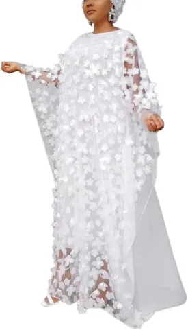 HD Afircan Women Applique Flower Dress Boat Neck Caftan Chiffon Gown One Size