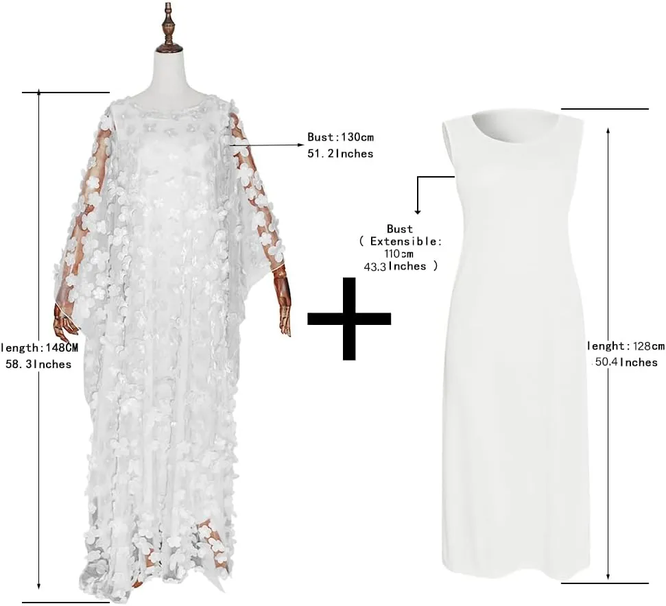 HD Afircan Women Applique Flower Dress Boat Neck Caftan Chiffon Gown One Size