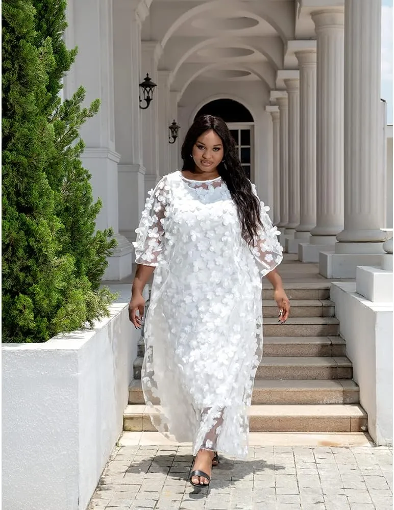 HD Afircan Women Applique Flower Dress Boat Neck Caftan Chiffon Gown One Size
