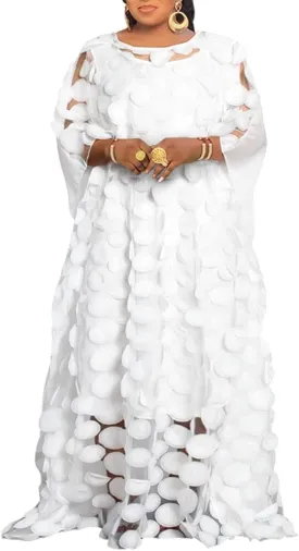 HD Afircan Women Applique Flower Dress Boat Neck Caftan Chiffon Gown One Size