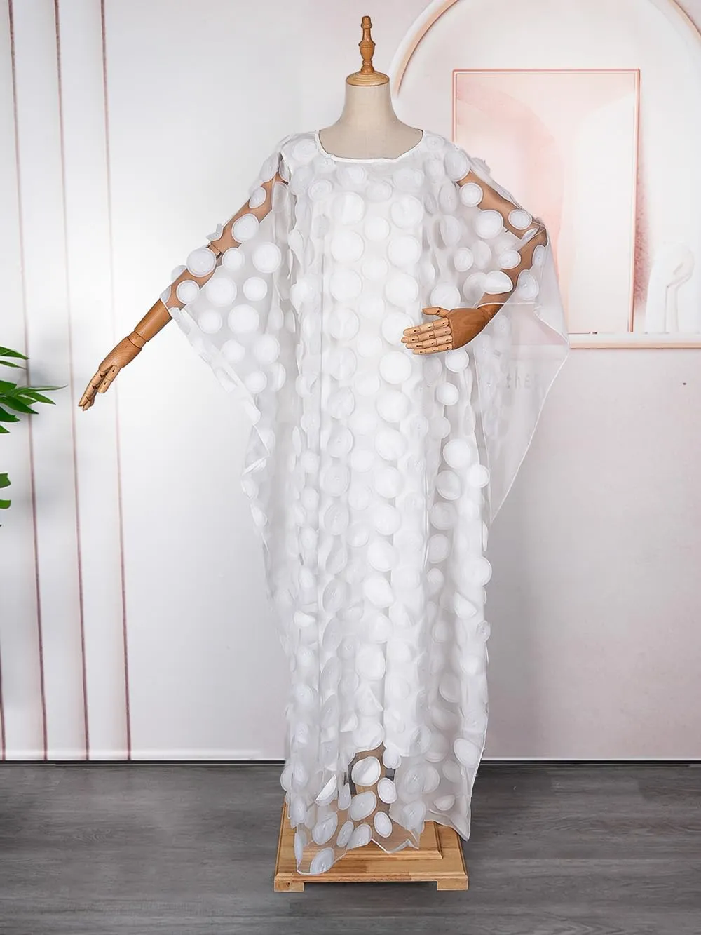 HD Afircan Women Applique Flower Dress Boat Neck Caftan Chiffon Gown One Size
