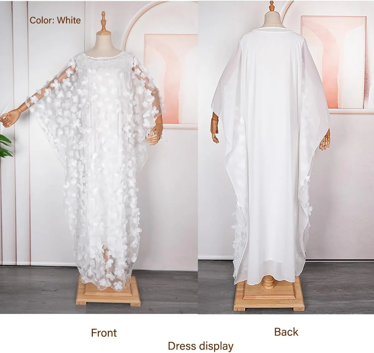 HD Afircan Women Applique Flower Dress Boat Neck Caftan Chiffon Gown One Size