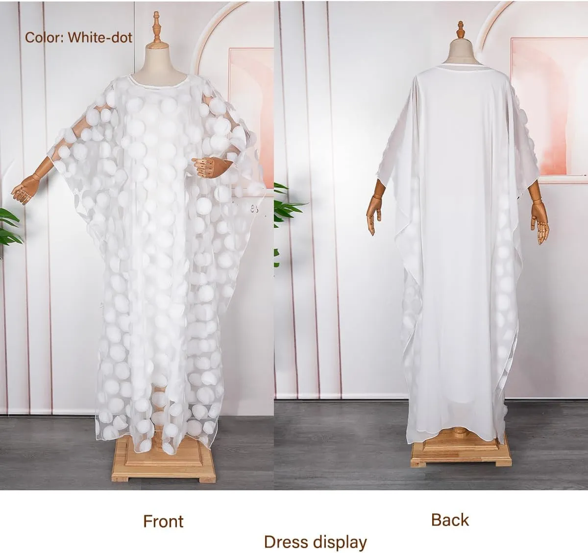 HD Afircan Women Applique Flower Dress Boat Neck Caftan Chiffon Gown One Size