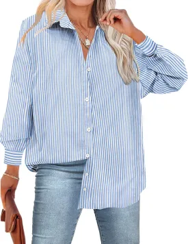IN'VOLAND Womens Plus Size Button Down Shirt Striped Casual Shirt Long Sleeve Fall Blouse Collared Office Work Blouses Tops