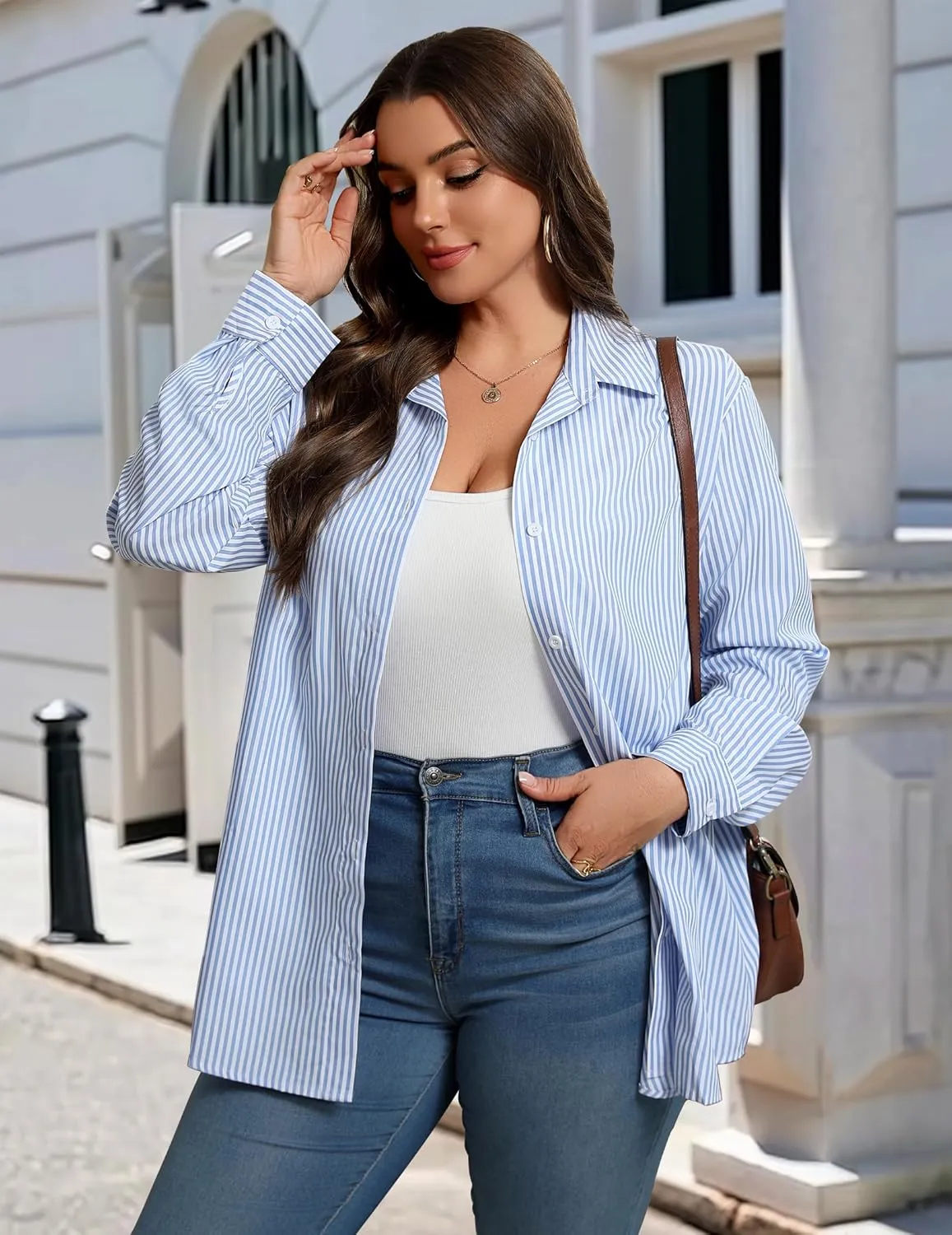 IN'VOLAND Womens Plus Size Button Down Shirt Striped Casual Shirt Long Sleeve Fall Blouse Collared Office Work Blouses Tops
