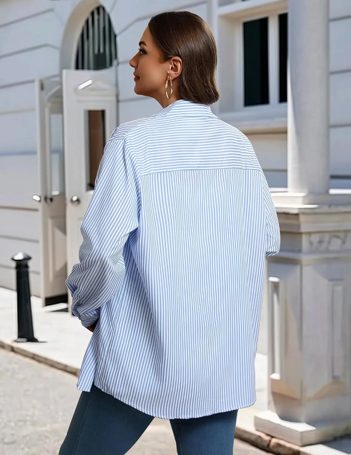 IN'VOLAND Womens Plus Size Button Down Shirt Striped Casual Shirt Long Sleeve Fall Blouse Collared Office Work Blouses Tops