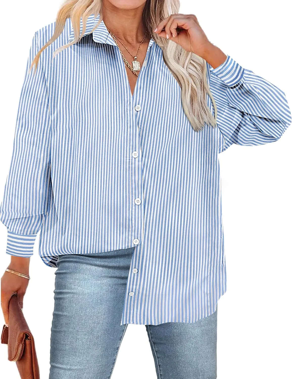IN'VOLAND Womens Plus Size Button Down Shirt Striped Casual Shirt Long Sleeve Fall Blouse Collared Office Work Blouses Tops