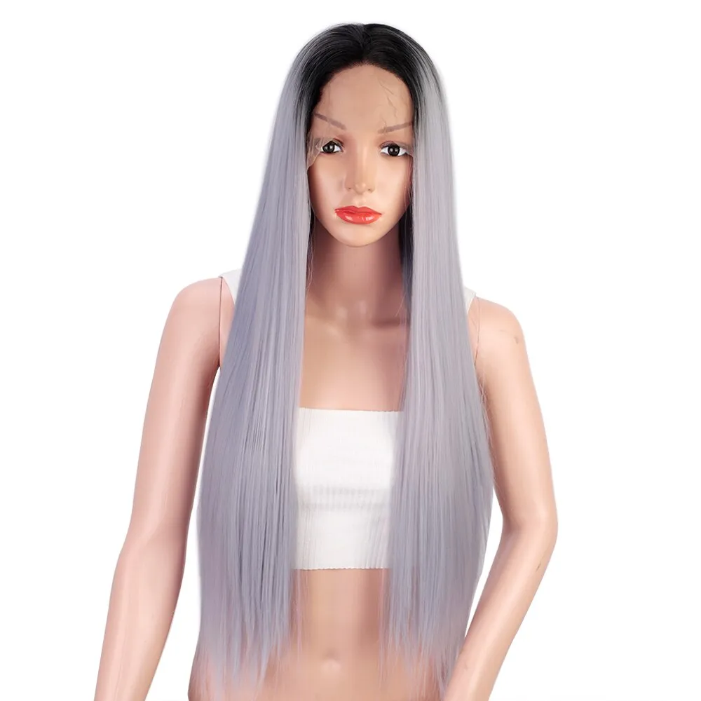 Lace Front Long Straight Wigs Synthetic Gray Wigs Natural Middle Line Part Heat Temperature Fiber