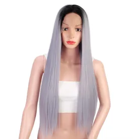Lace Front Long Straight Wigs Synthetic Gray Wigs Natural Middle Line Part Heat Temperature Fiber