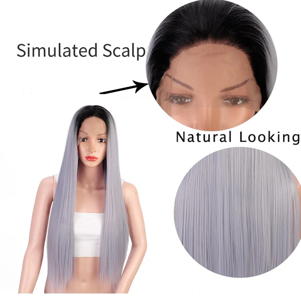Lace Front Long Straight Wigs Synthetic Gray Wigs Natural Middle Line Part Heat Temperature Fiber