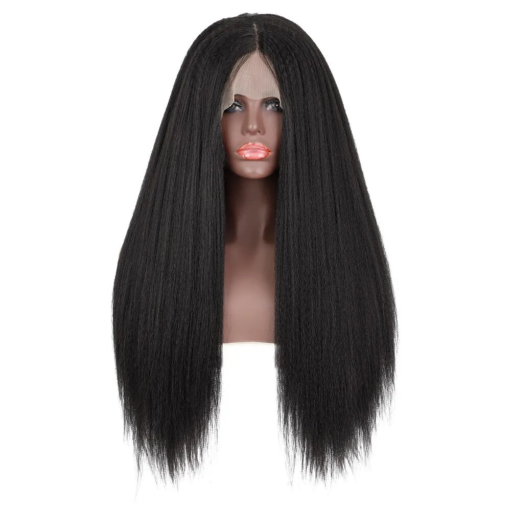 Lace Front Long Straight Wigs Synthetic Gray Wigs Natural Middle Line Part Heat Temperature Fiber