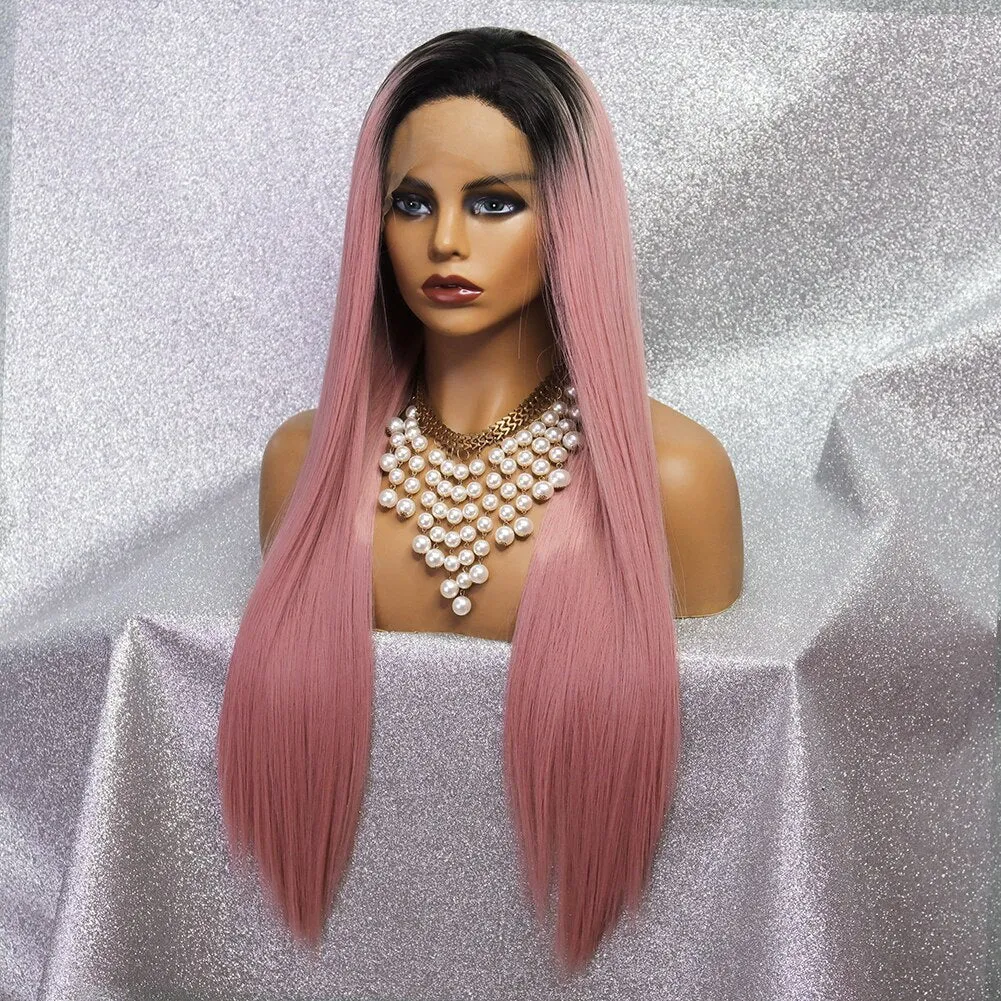 Lace Front Long Straight Wigs Synthetic Gray Wigs Natural Middle Line Part Heat Temperature Fiber