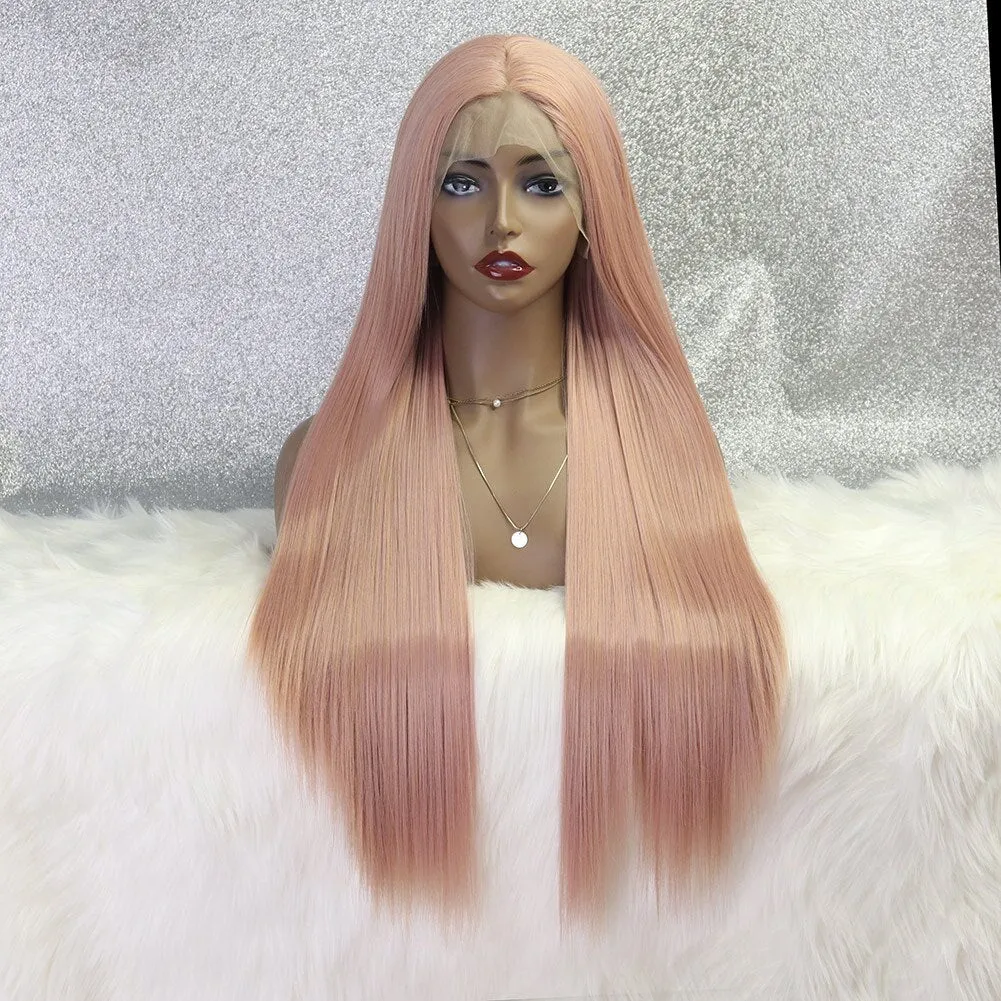 Lace Front Long Straight Wigs Synthetic Gray Wigs Natural Middle Line Part Heat Temperature Fiber