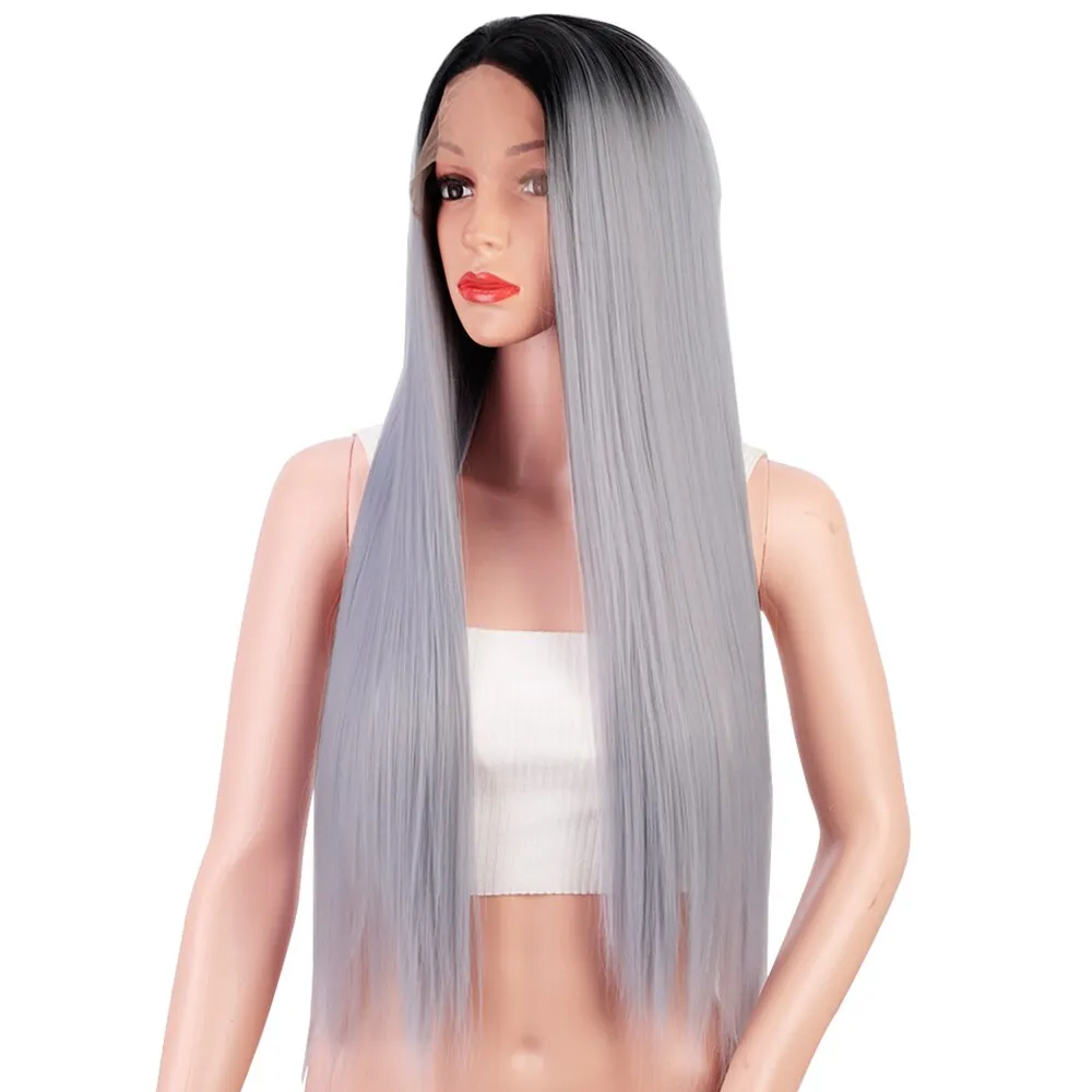 Lace Front Long Straight Wigs Synthetic Gray Wigs Natural Middle Line Part Heat Temperature Fiber