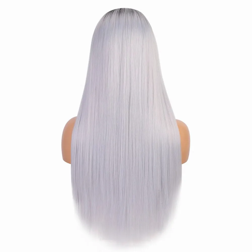 Lace Front Long Straight Wigs Synthetic Gray Wigs Natural Middle Line Part Heat Temperature Fiber
