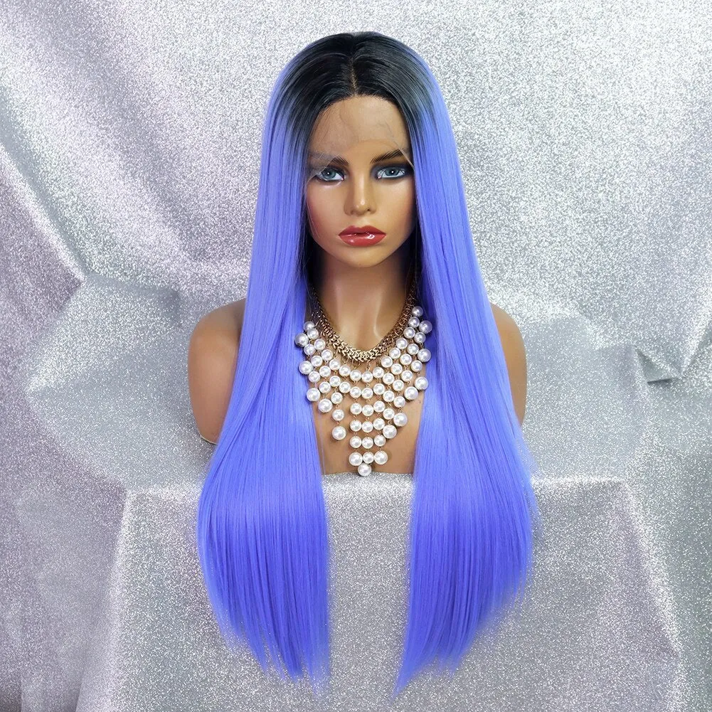 Lace Front Long Straight Wigs Synthetic Gray Wigs Natural Middle Line Part Heat Temperature Fiber