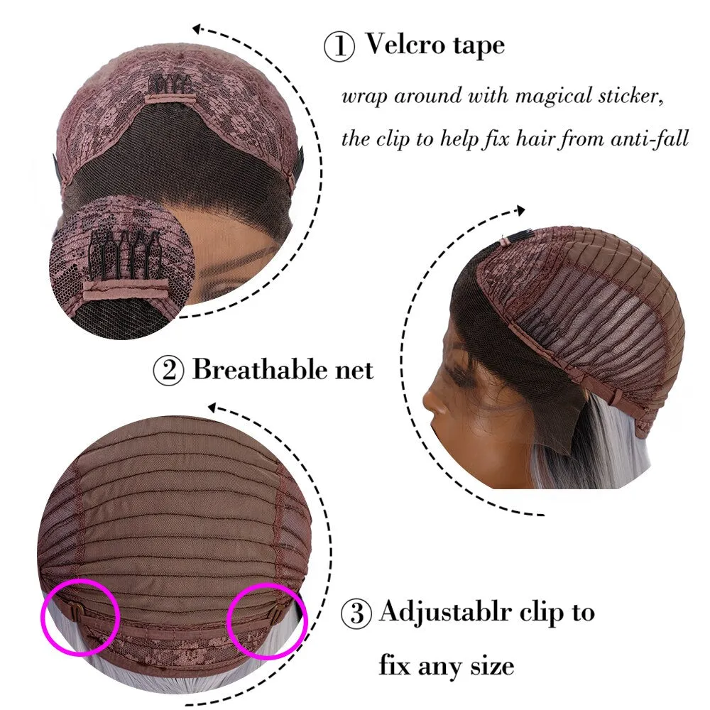 Lace Front Long Straight Wigs Synthetic Gray Wigs Natural Middle Line Part Heat Temperature Fiber