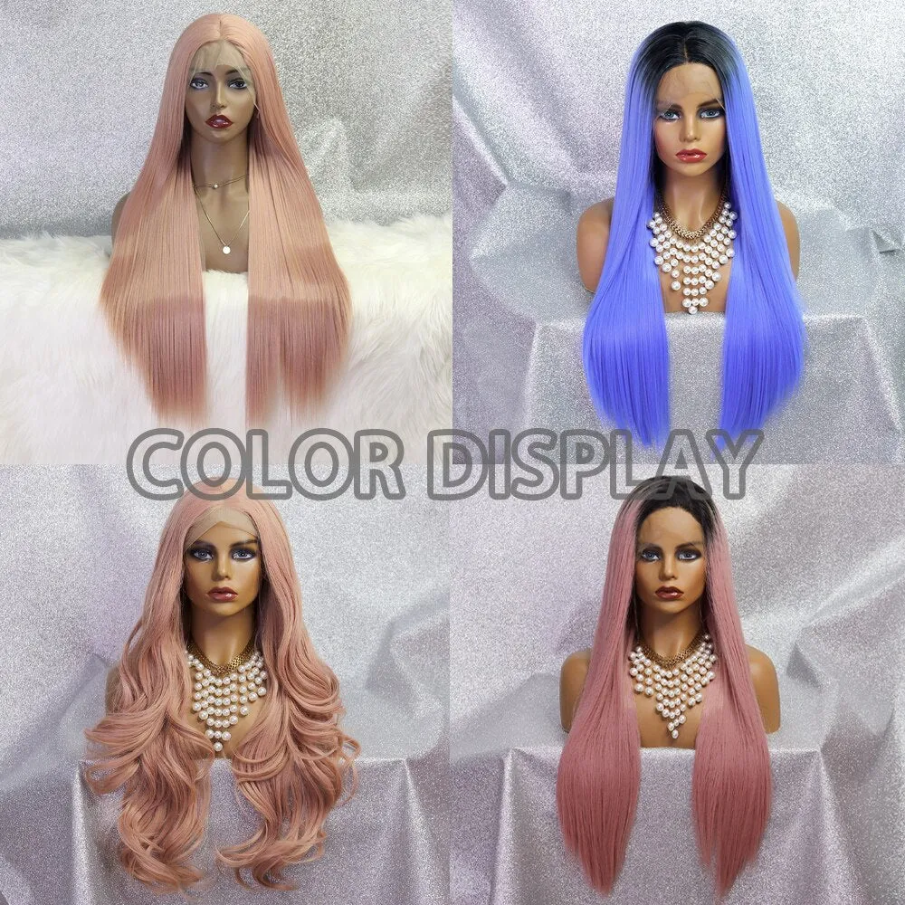 Lace Front Long Straight Wigs Synthetic Gray Wigs Natural Middle Line Part Heat Temperature Fiber