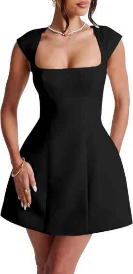 LuFeng Women's Square Neck Cap Sleeve Fully Lined Mini Dress Zipper A Line Party Club Dresses