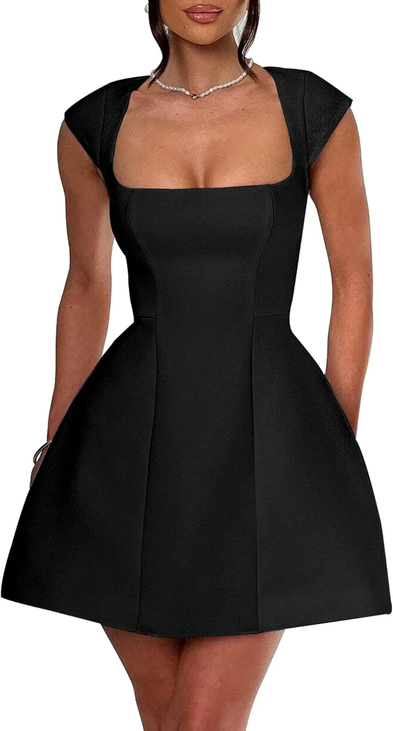 LuFeng Women's Square Neck Cap Sleeve Fully Lined Mini Dress Zipper A Line Party Club Dresses