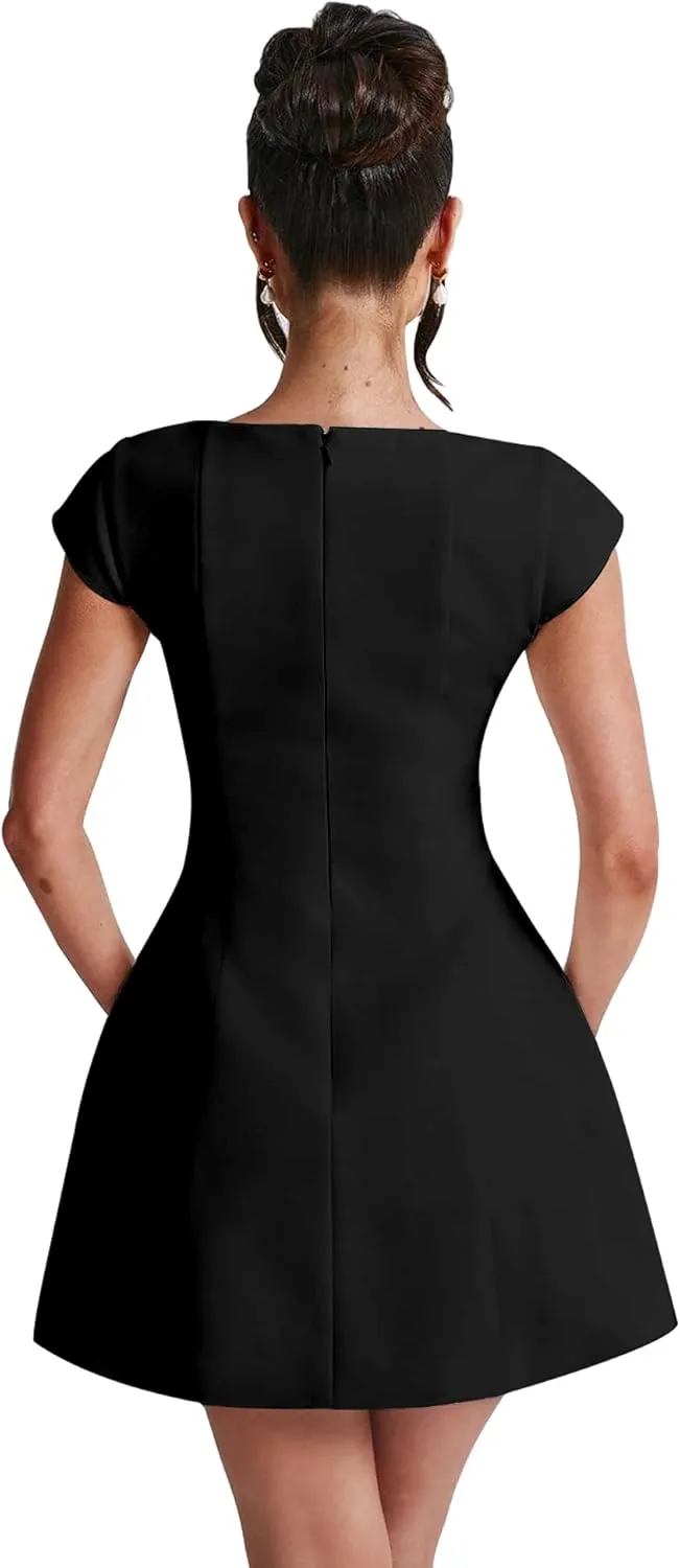 LuFeng Women's Square Neck Cap Sleeve Fully Lined Mini Dress Zipper A Line Party Club Dresses