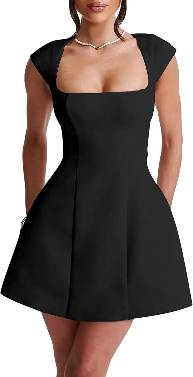 LuFeng Women's Square Neck Cap Sleeve Fully Lined Mini Dress Zipper A Line Party Club Dresses