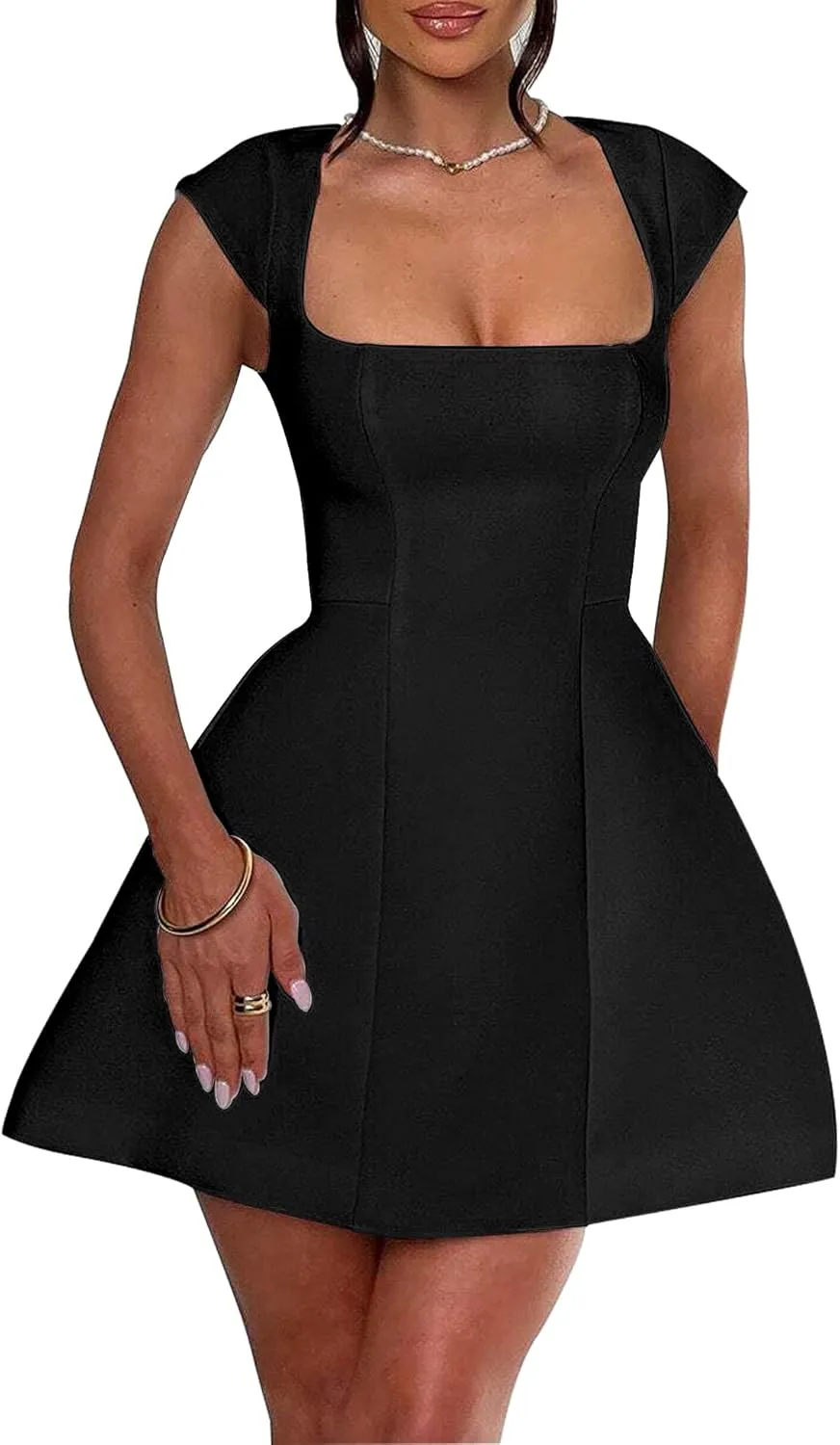 LuFeng Women's Square Neck Cap Sleeve Fully Lined Mini Dress Zipper A Line Party Club Dresses