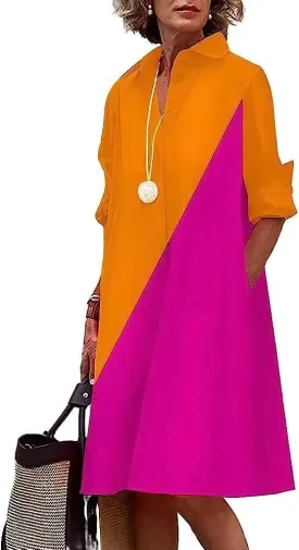 MARSVOVO Womens Linen Long Sleeve Midi Printed Button Down Shirt Dress Plus Size Loose Shirt Dresses for Women with 2 Pockets