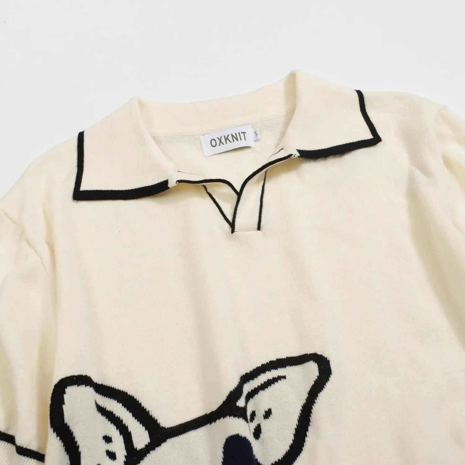 Men's Retro White Knitted Poloshirt, 1960s Mod Vintage Animal Pattern Polo V-Neck Cotton Short Sleeve