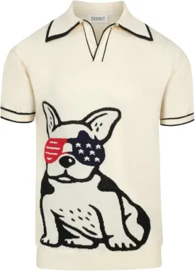 Men's Retro White Knitted Poloshirt, 1960s Mod Vintage Animal Pattern Polo V-Neck Cotton Short Sleeve