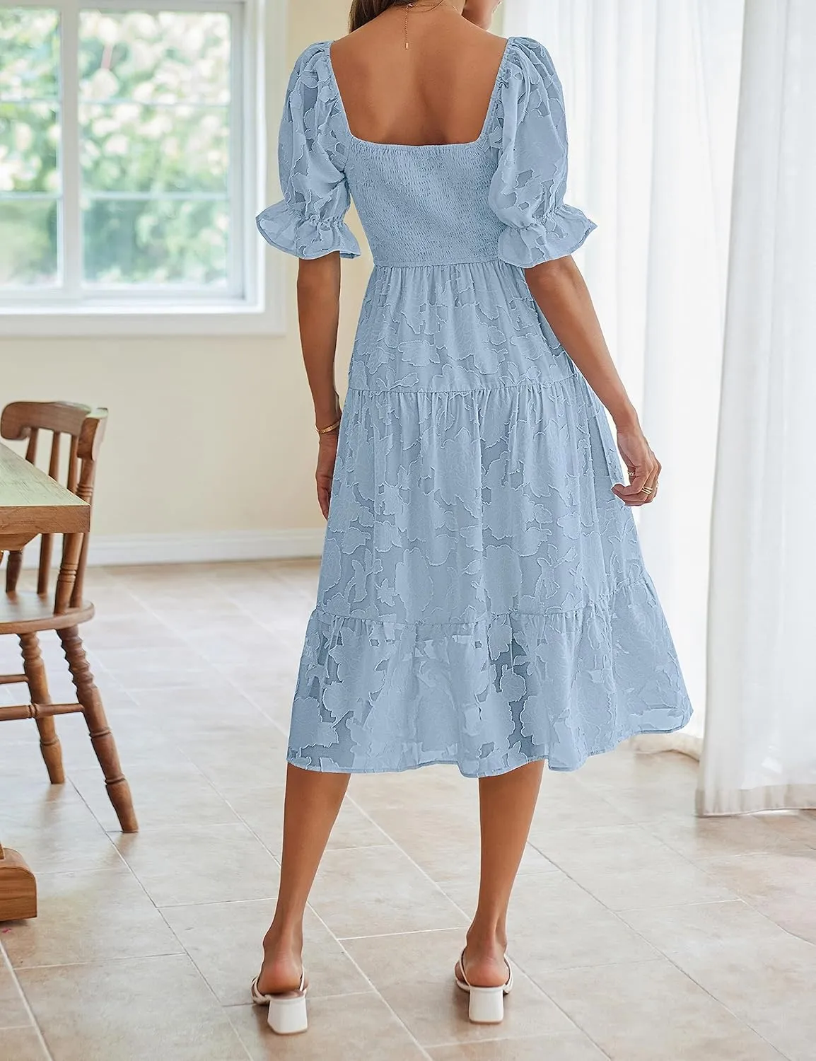 MEROKEETY Womens 2025 Summer Short Puff Sleeve Smocked Square Neck Floral Textured Tiered Midi Dress