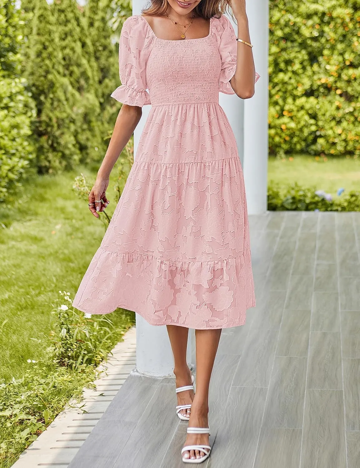 MEROKEETY Womens 2025 Summer Short Puff Sleeve Smocked Square Neck Floral Textured Tiered Midi Dress