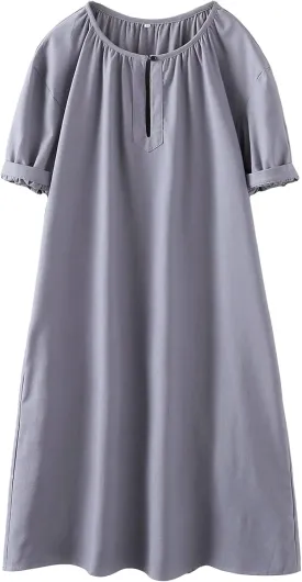Minibee Women's Cotton Linen Dress Short Sleeve Midi Casual Plus Size Tunic Dress with Pockets