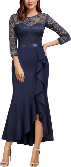MISSMAY Women's Classy Floral Lace Ruffle Formal Bridesmaid Long Dress