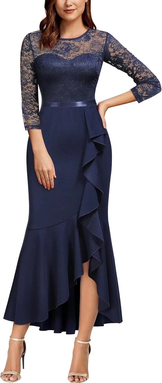 MISSMAY Women's Classy Floral Lace Ruffle Formal Bridesmaid Long Dress